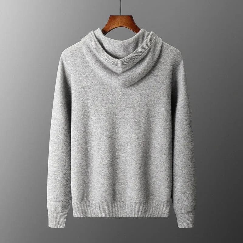 Men's light gray cashmere hooded sweatshirt and matching track pants laid flat.