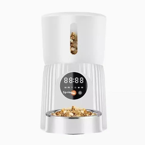 Black and white intelligent pet feeder with smartphone app remote control for automatic feeding