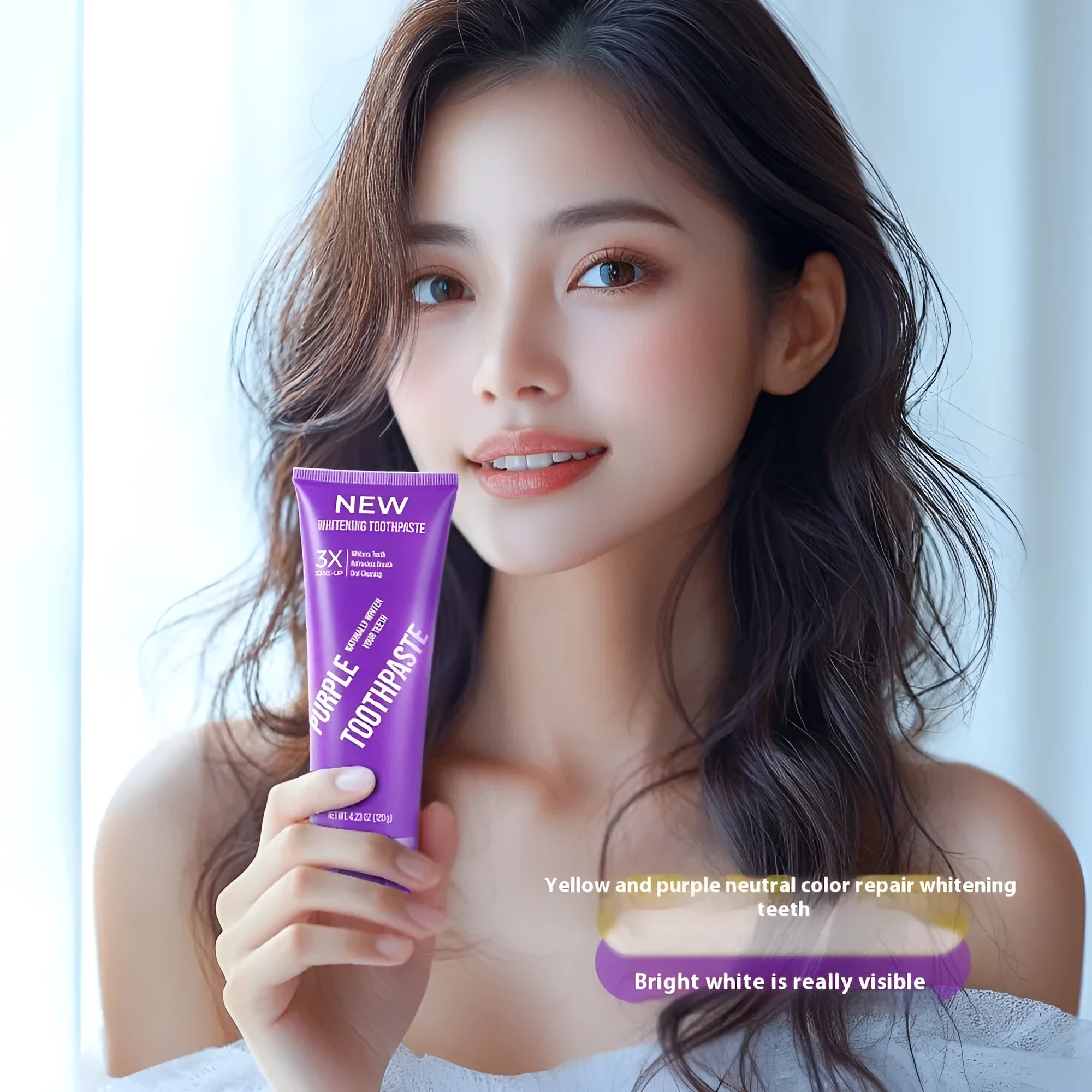 Purple whitening toothpaste tube for removing yellow stains from adult teeth, available in 120g and 65g sizes