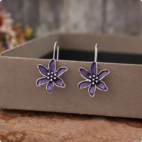 Purple flower-shaped alloy earrings with electroplated finish for women