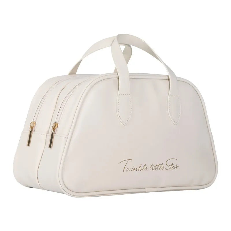 PU leather travel toiletry bag showing dry-wet separation and expansion features