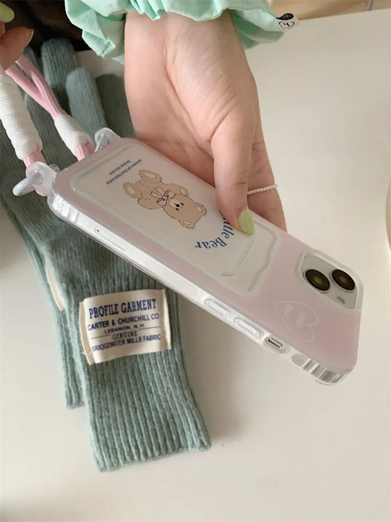 Pink bear TPU card holder lanyard phone case for iPhone 11 to 15 Pro Max with detachable strap
