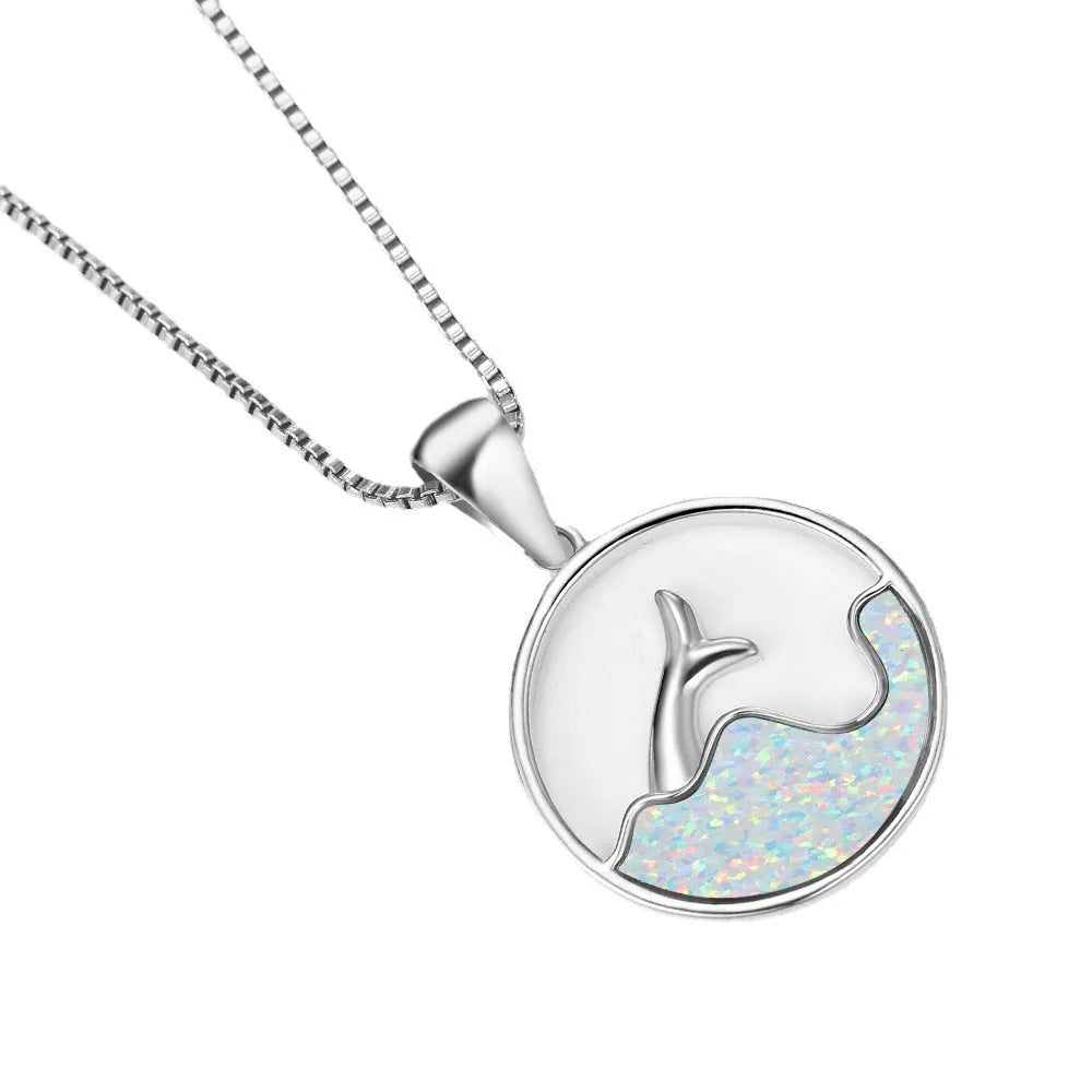 White gold electroplated sea fishtail necklace with round blue opal geometry design on copper construction