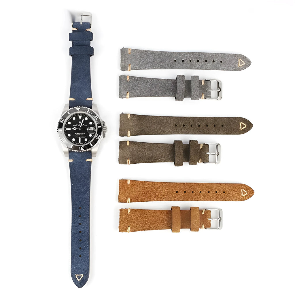 Genuine suede leather watch strap in Army Green colour for 20mm or 22mm watch lugs.
