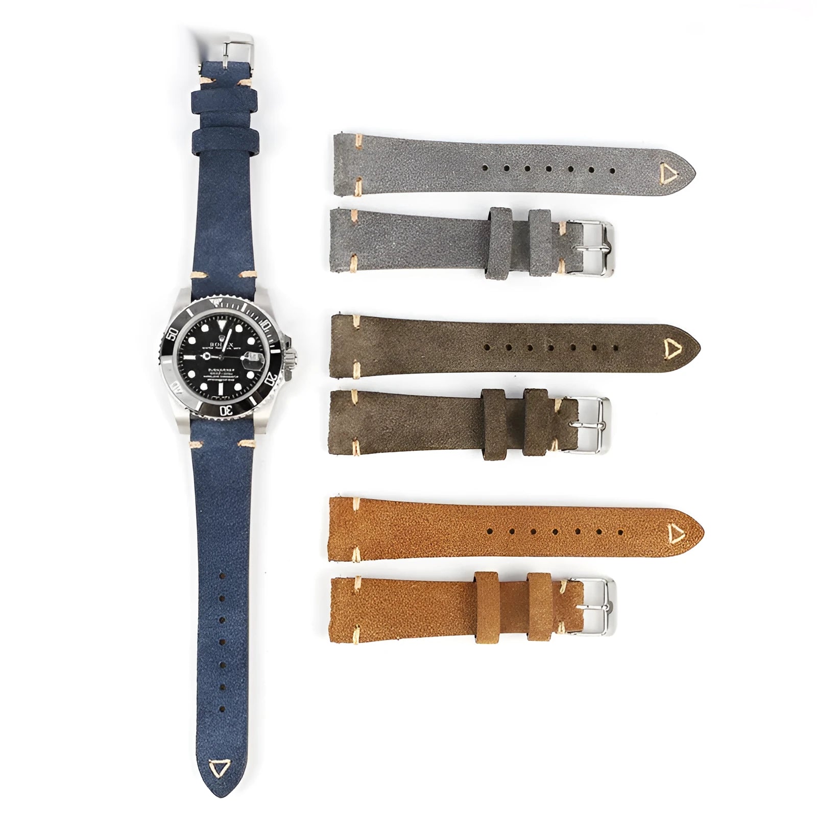 Genuine suede leather watch strap in Army Green colour for 20mm or 22mm watch lugs.