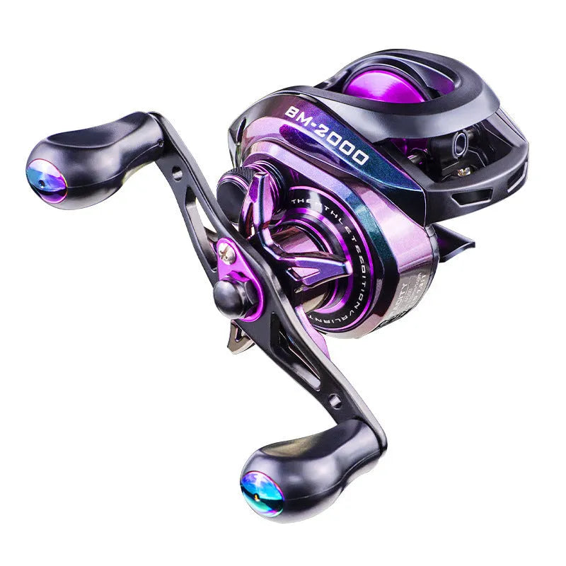 Colourful BM2000 fishing reel with magnetic brake system on a water drop spool.