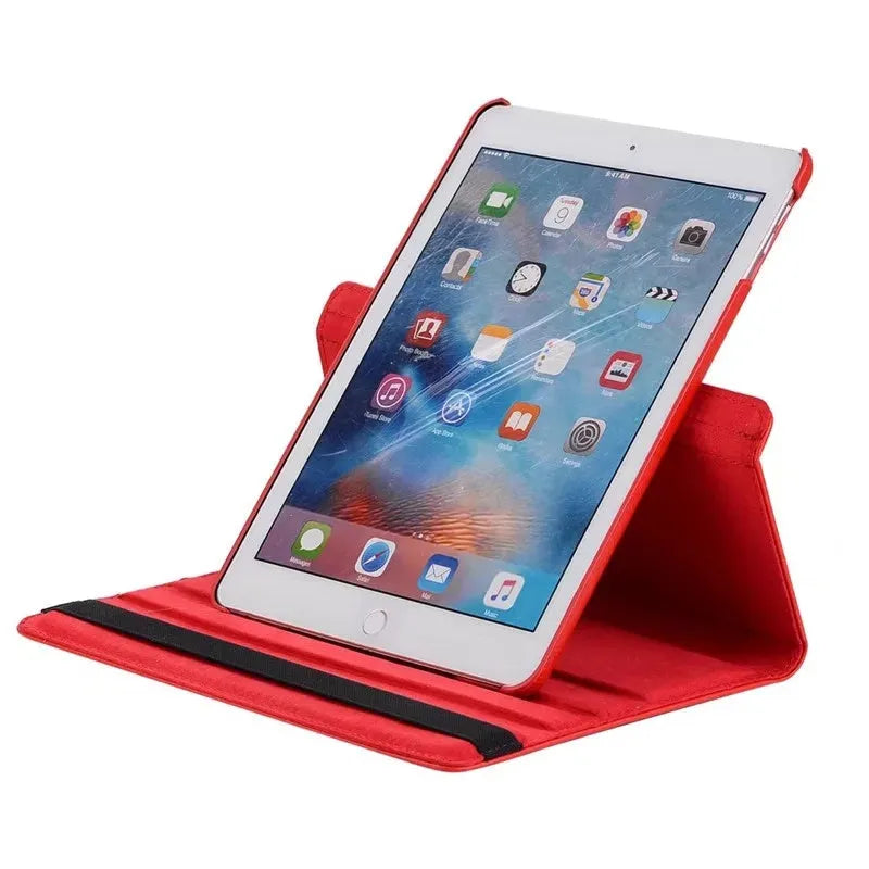 iPad rotating protective sleeve in imitation leather clamshell design showing rotation function and solid colour options
