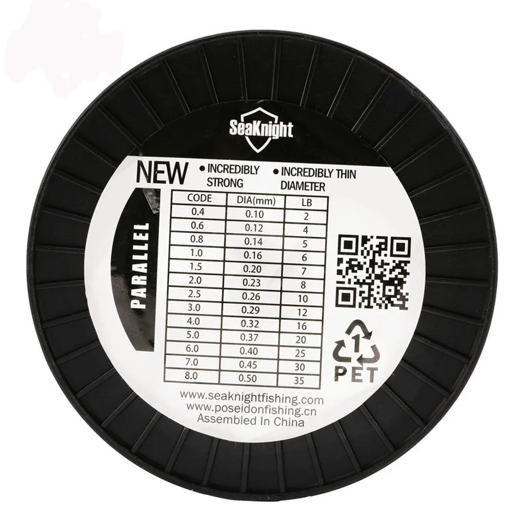 Seaknight1000 M spool of nylon fishing line showing colour choice and diameter size label.