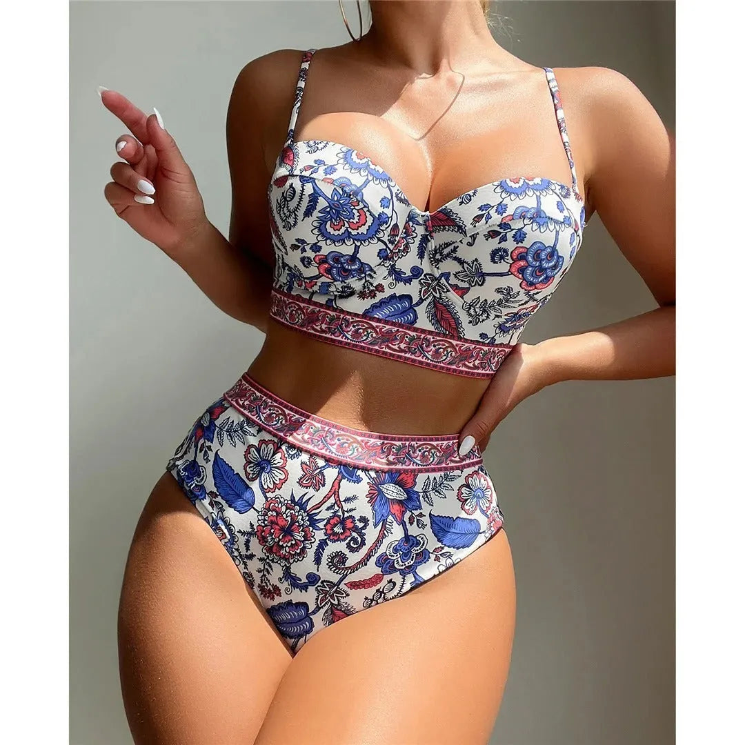 Blue women's high-waist push-up bikini swimsuit with polyester fabric and sleeveless design