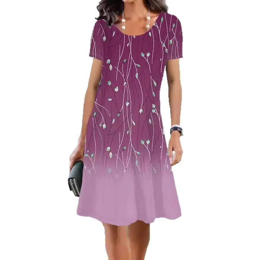 Women's light blue Ice Silk A-line midi dress with painted floral and leaf patterns, short sleeves, and a round neck.