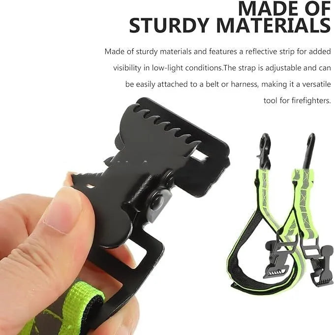 Fluorescent green reflective safety clip with a metal buckle for holding work gloves.