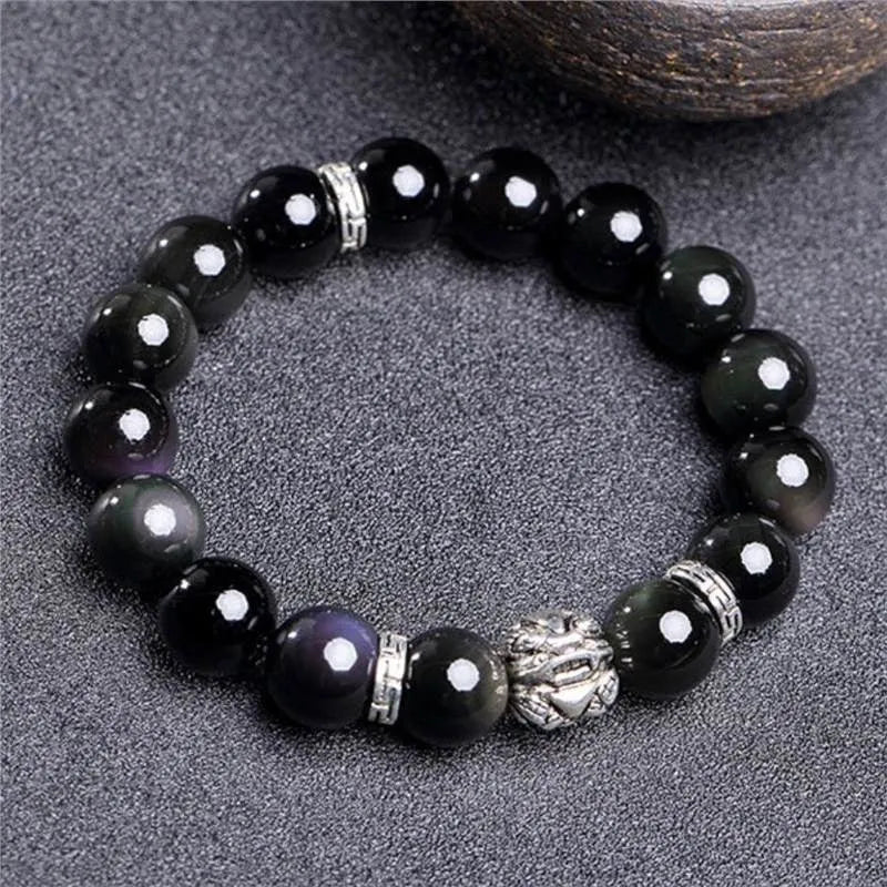 Silver 999 natural obsidian bracelet with Seiko treatment, 10mm and 12mm beads, unisex simple style