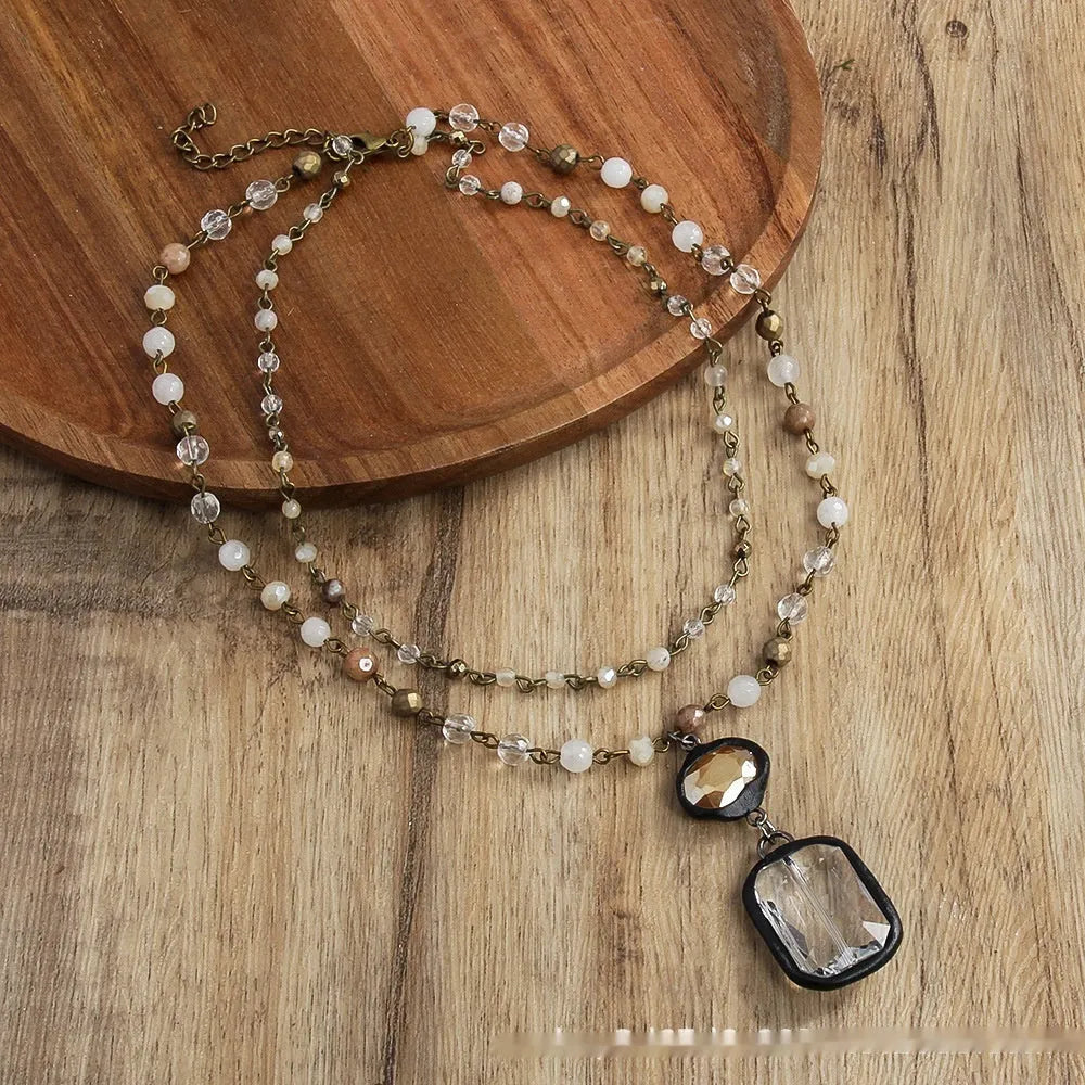 Tribal style necklace with glass and natural stone pendant on two-layer alloy chain