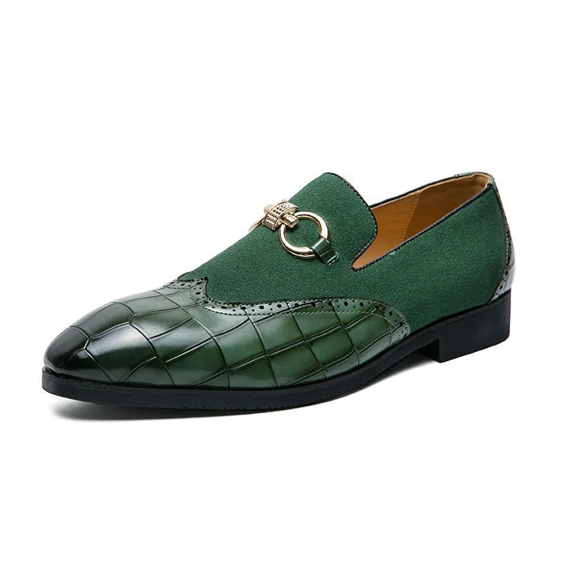 Men's black pointed-toe low-top business casual shoes with artificial PU upper and rubber sole.