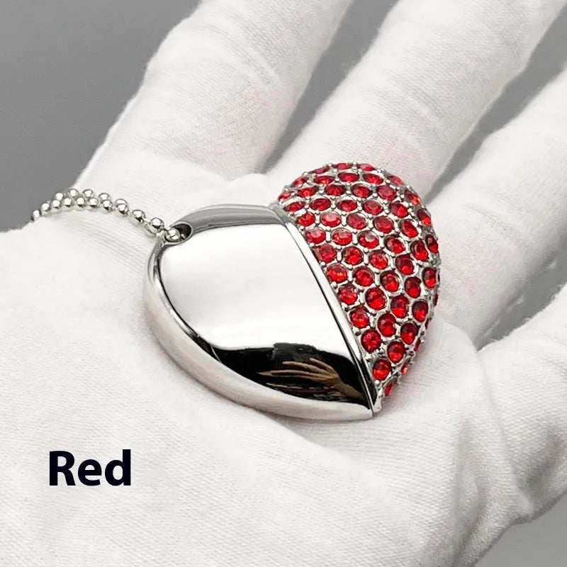 Heart-shaped brick-patterned metal USB flash drive on display in blue.