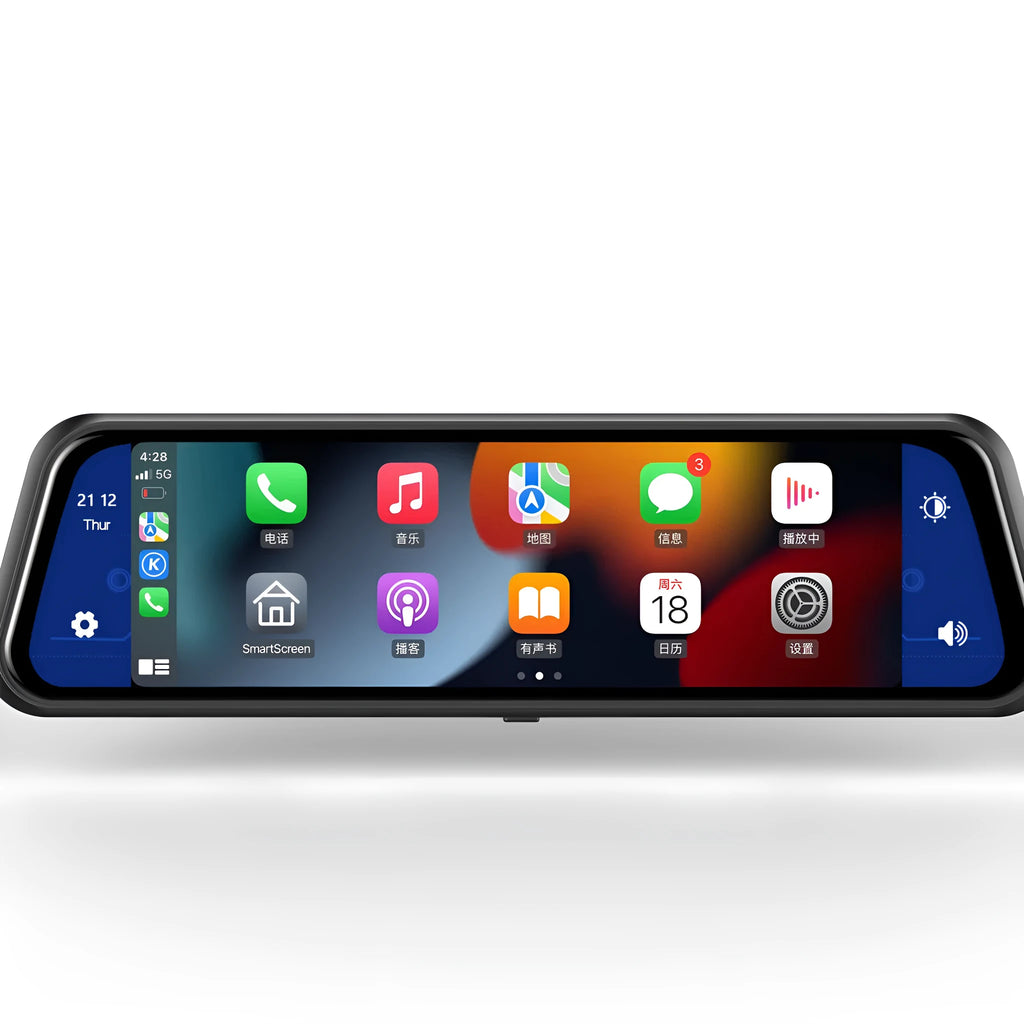 Dual-lens car driving recorder with 9.66-inch touch screen mounted on rearview mirror