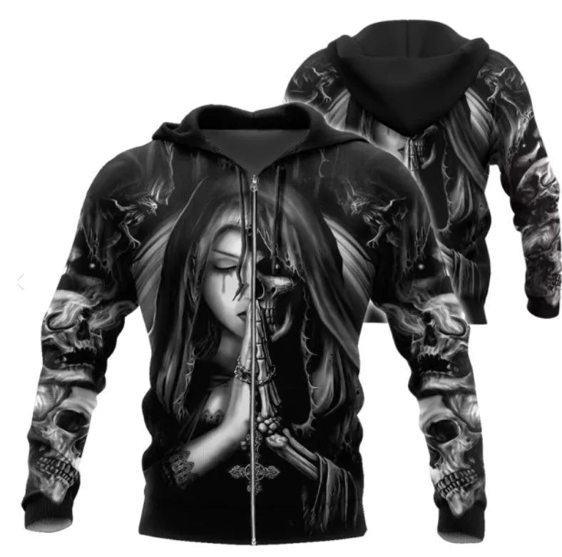 Black hooded sweatshirt with 3D printed skull and anime graphic design, long sleeves.