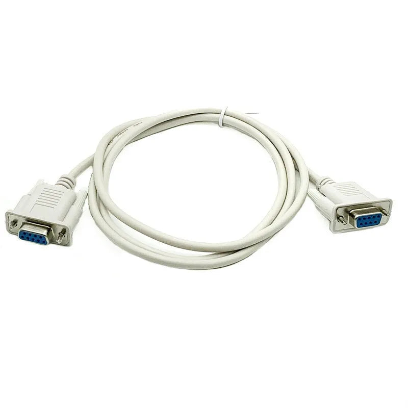 Milky white DB9 female to female RS232 serial port cable with cross wiring, 1.5 metres long.