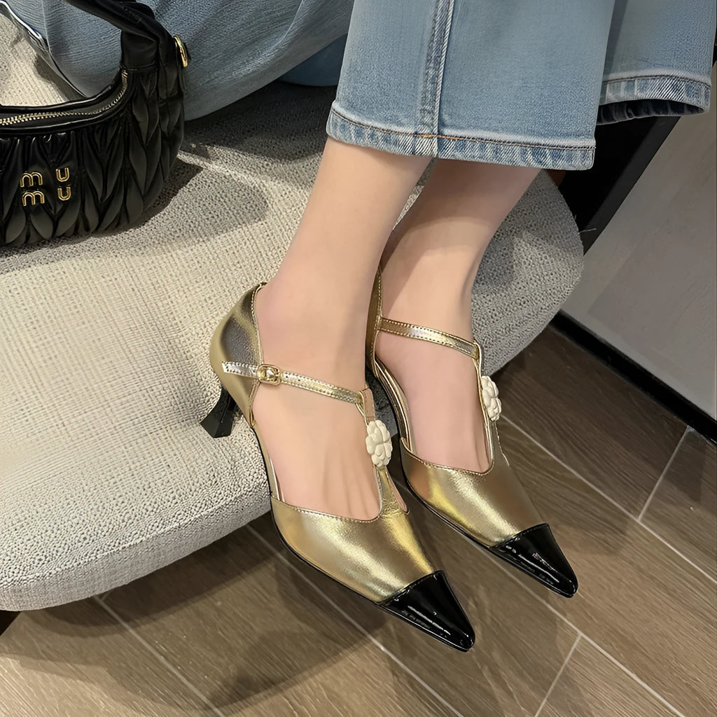 Women's genuine goat leather stiletto heels with floral buckle and pointed toe in black colour