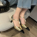 Women's genuine goat leather stiletto heels with floral buckle and pointed toe in black colour