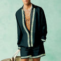 Men's slim fit casual summer set with long sleeve shirt and matching shorts in various colours.