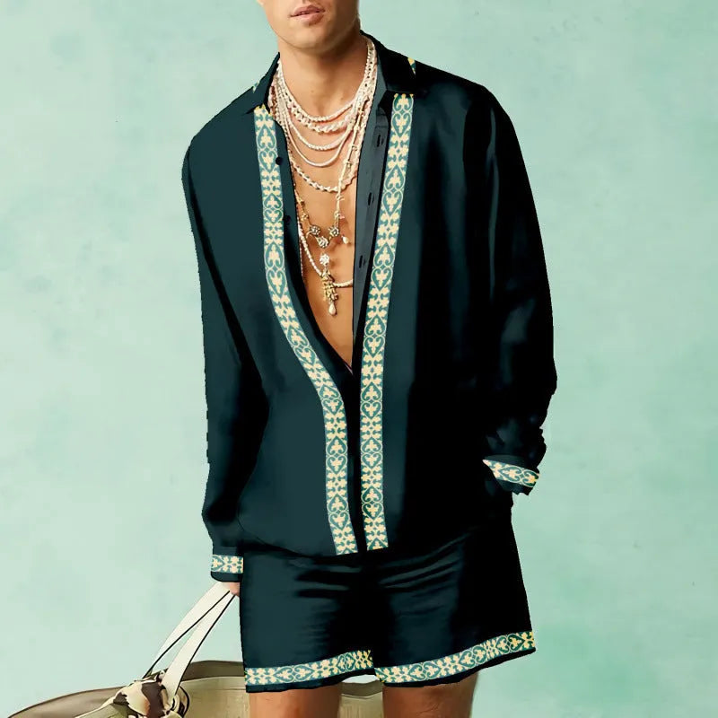 Men's slim fit casual summer set with long sleeve shirt and matching shorts in various colours.