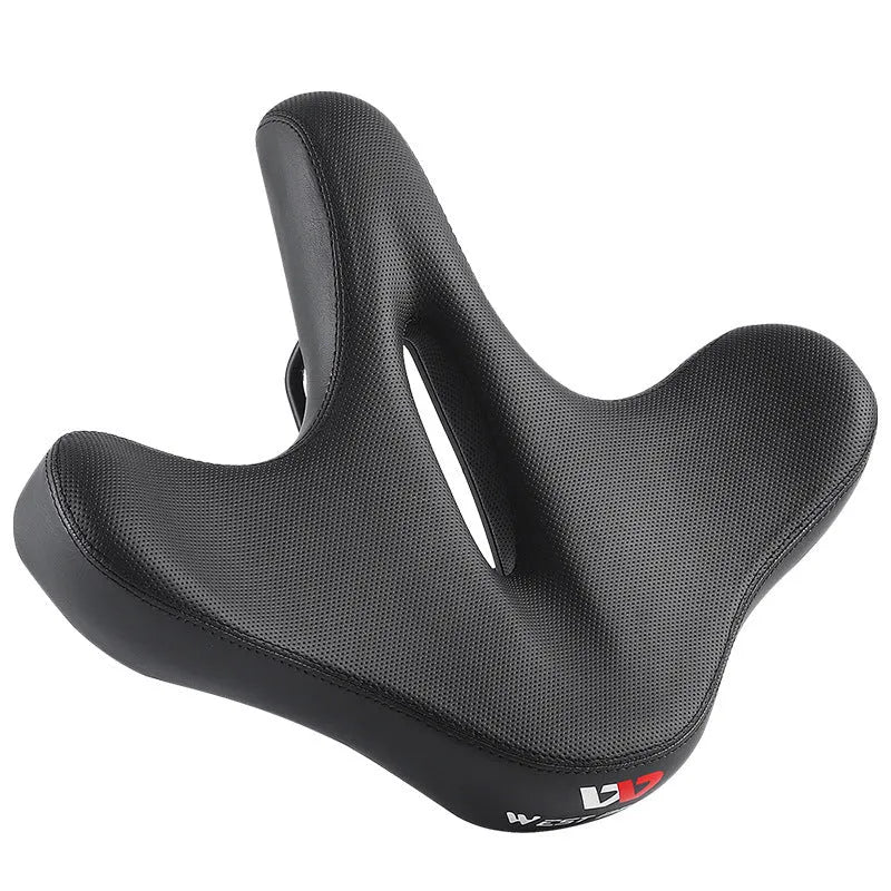 Black bicycle seat cushion with leather exterior and foam padding for shock absorption