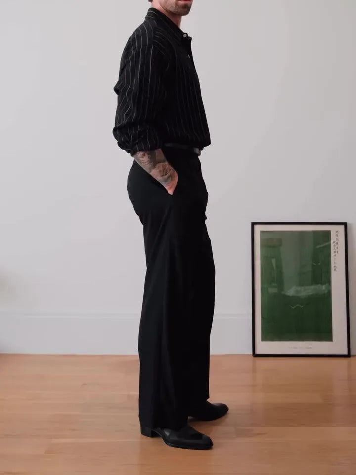 Men's black pinstripe button-down shirt with regular fit and traditional collar