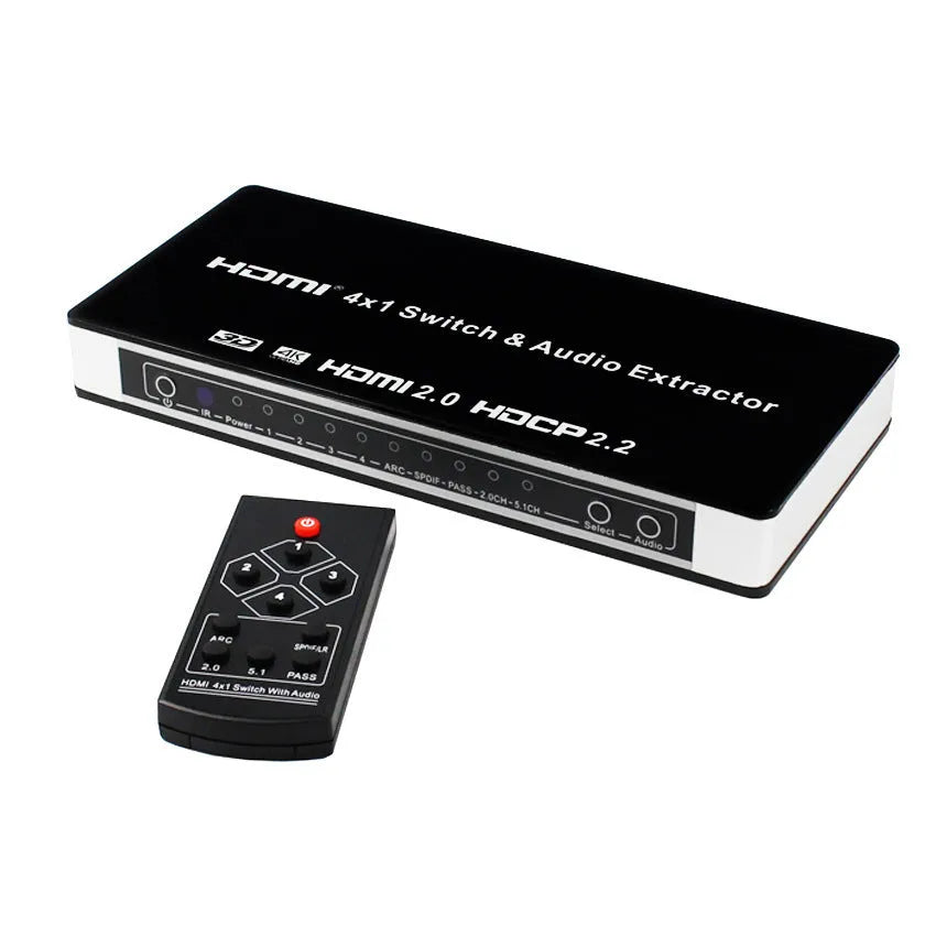 Black HDMI audio switch with four input ports, one output port, remote control, and international power adapters