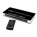 Black HDMI audio switch with four input ports, one output port, remote control, and international power adapters