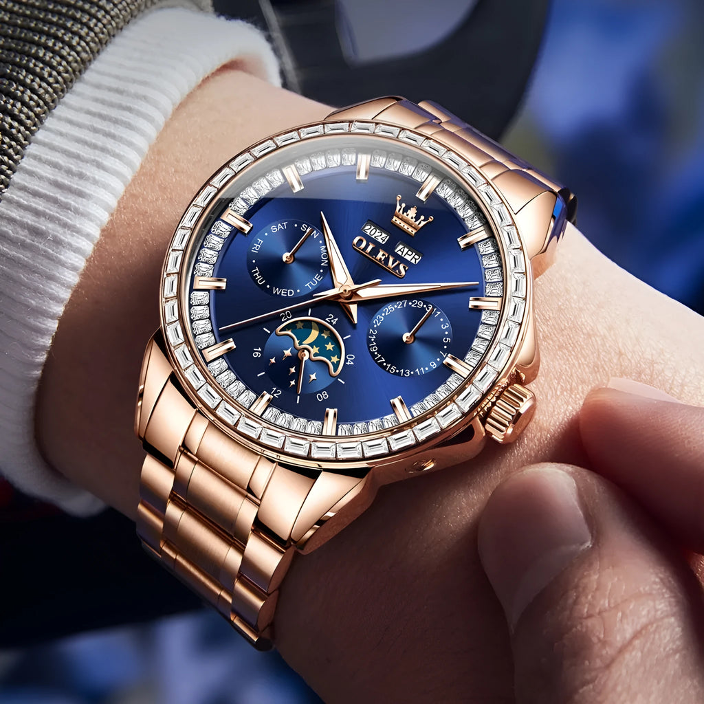 Men's stainless steel automatic watch with diamond markers and sapphire crystal