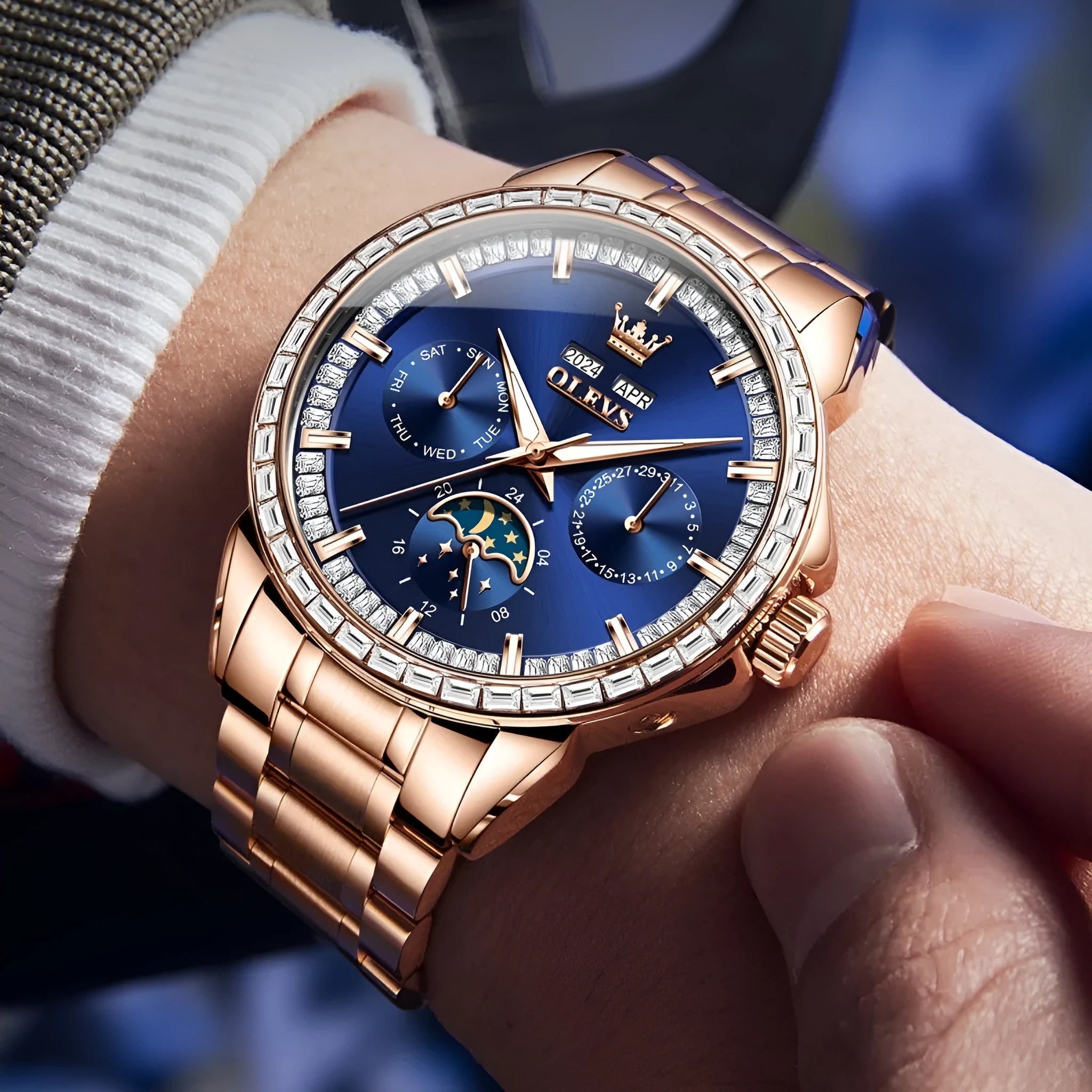 Men's stainless steel automatic watch with diamond markers and sapphire crystal