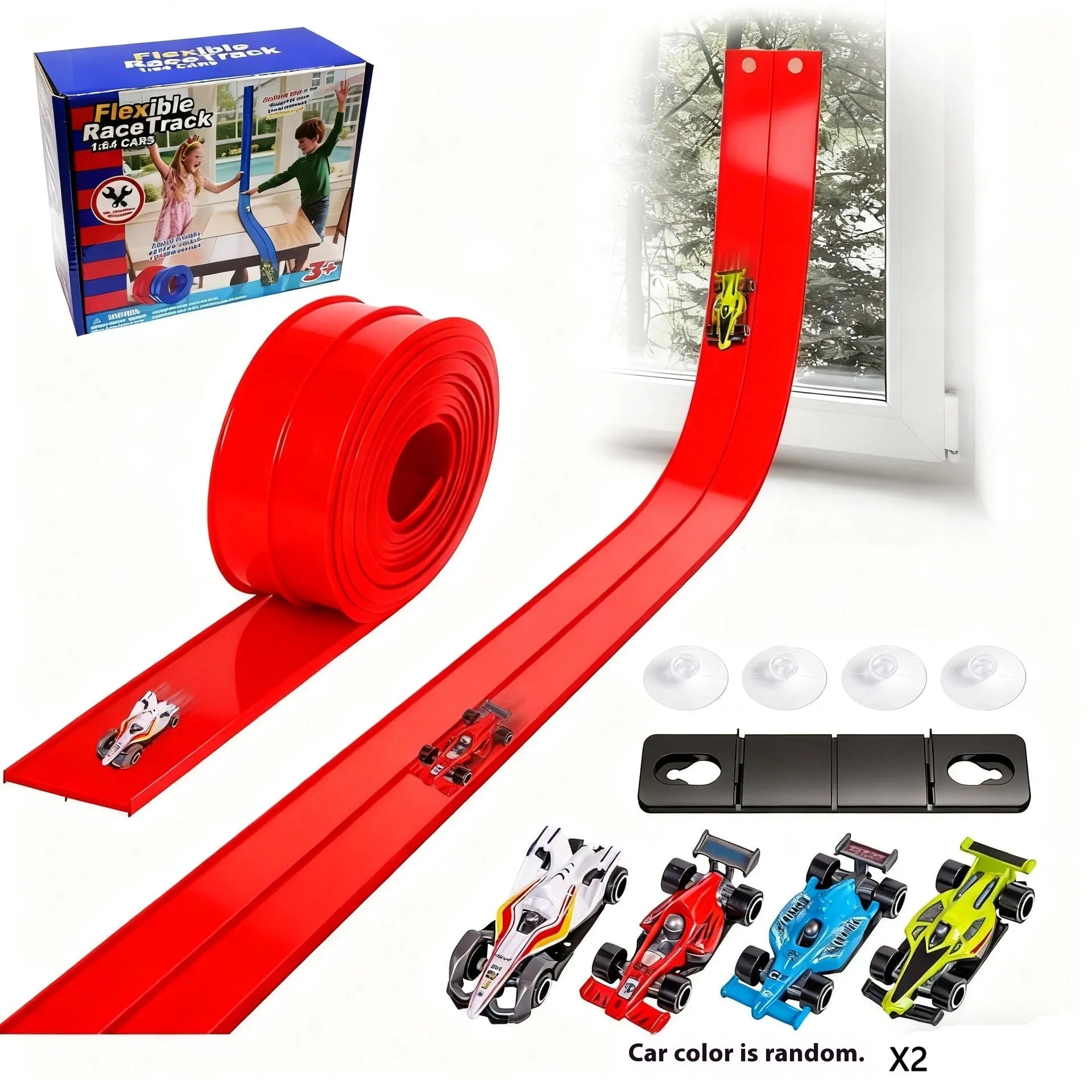 DIY double rail PVC soft track set with anti-gravity magnetic assembly, blue option, includes two random colour cars, 1100g