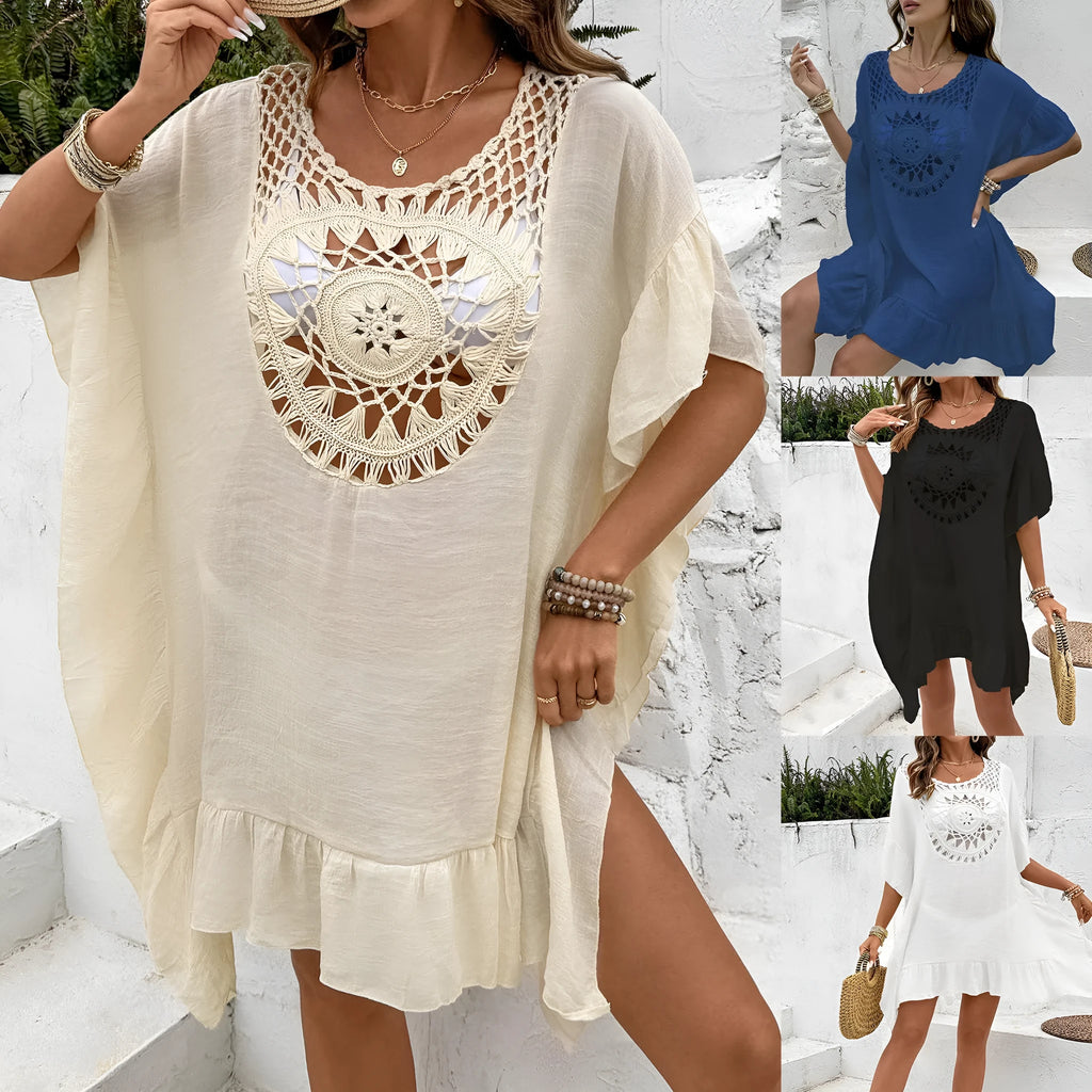 Crochet stitching beach dress with patchwork skirt and tassel details in polyester fabric