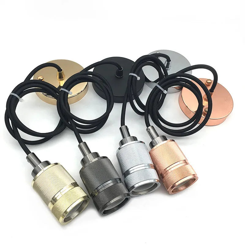 Retro DIY chandelier ceiling light with braided cord and metallic lamp holder in chrome, gold, rose gold, or shiny black finish.