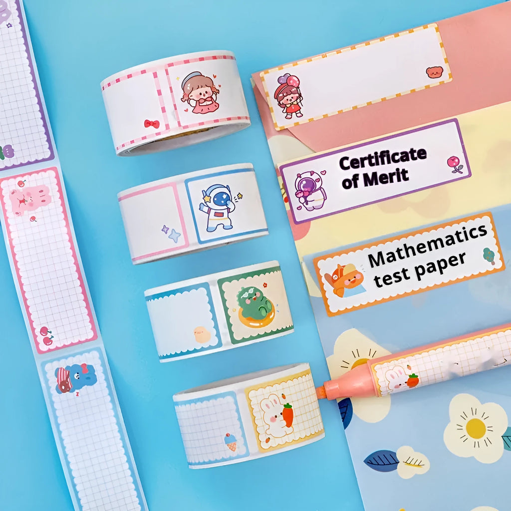 Roll of creative cartoon tape stickers showing dinosaur, astronaut, rabbit, and girl designs.