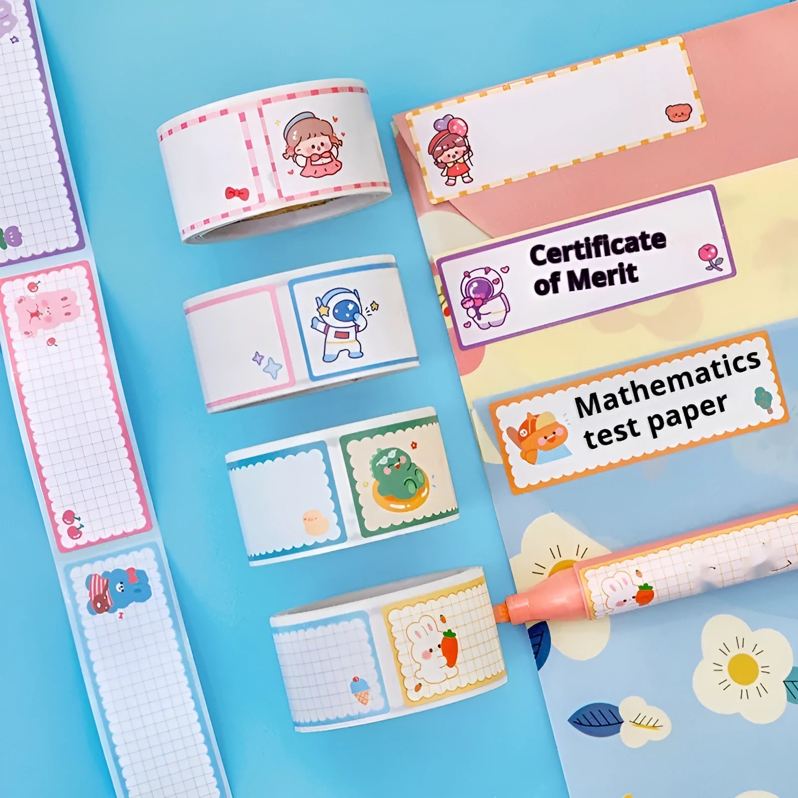 Roll of creative cartoon tape stickers showing dinosaur, astronaut, rabbit, and girl designs.