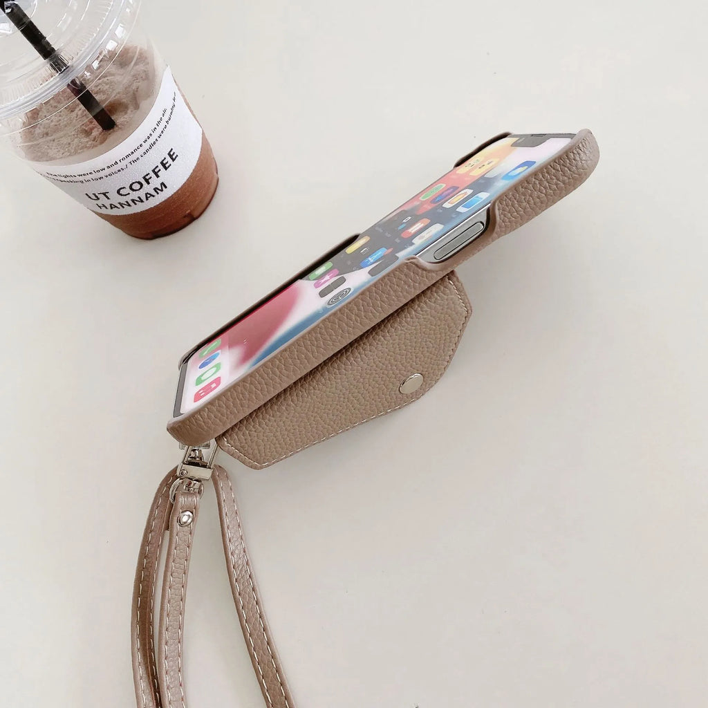 PC leather phone case with card holder and crossbody lanyard for iPhone, lychee pattern texture, black colour