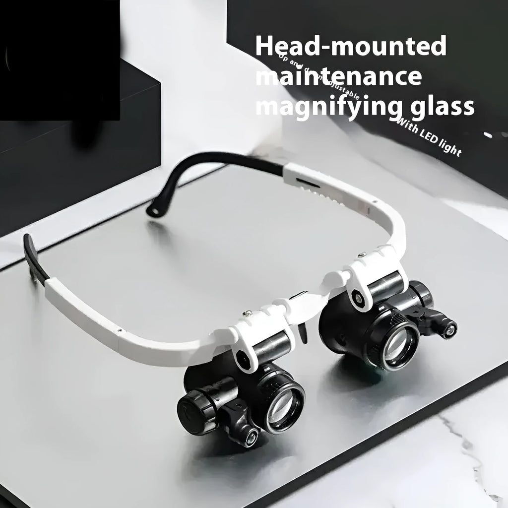 White head mounted magnifying glass with LED light, 30x optical glass lenses, folded to show compact storage size