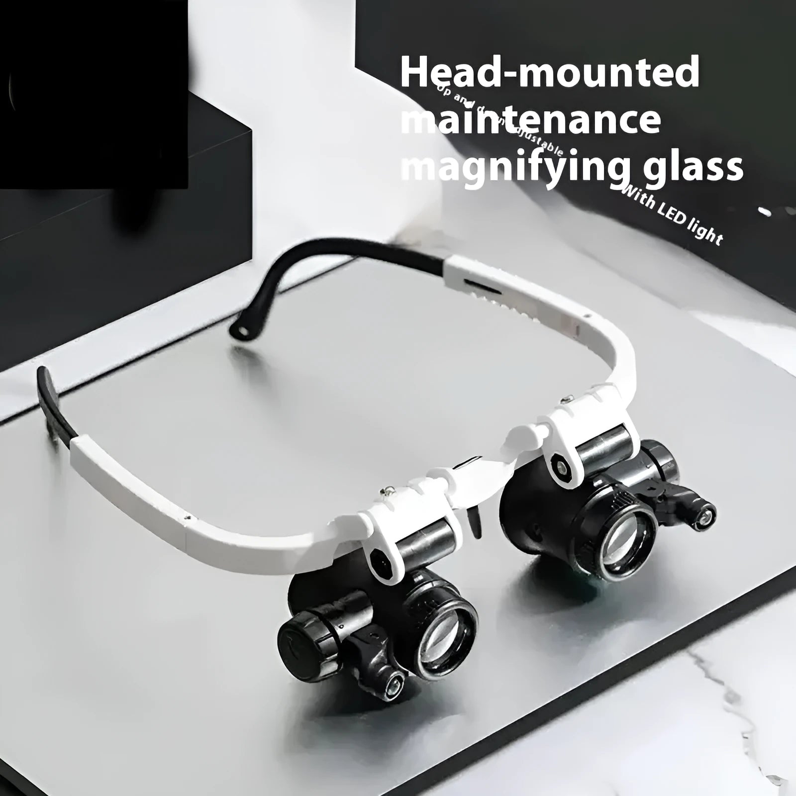 White head mounted magnifying glass with LED light, 30x optical glass lenses, folded to show compact storage size
