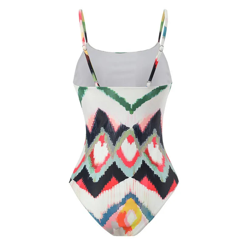 Women's two-piece swimsuit with matching hip skirt in striped gradient print