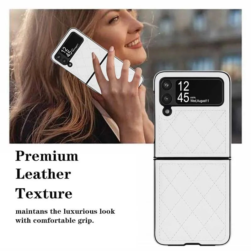 Samsung Z Flip 4 foldable screen phone case with textured lambskin plaid pattern in black
