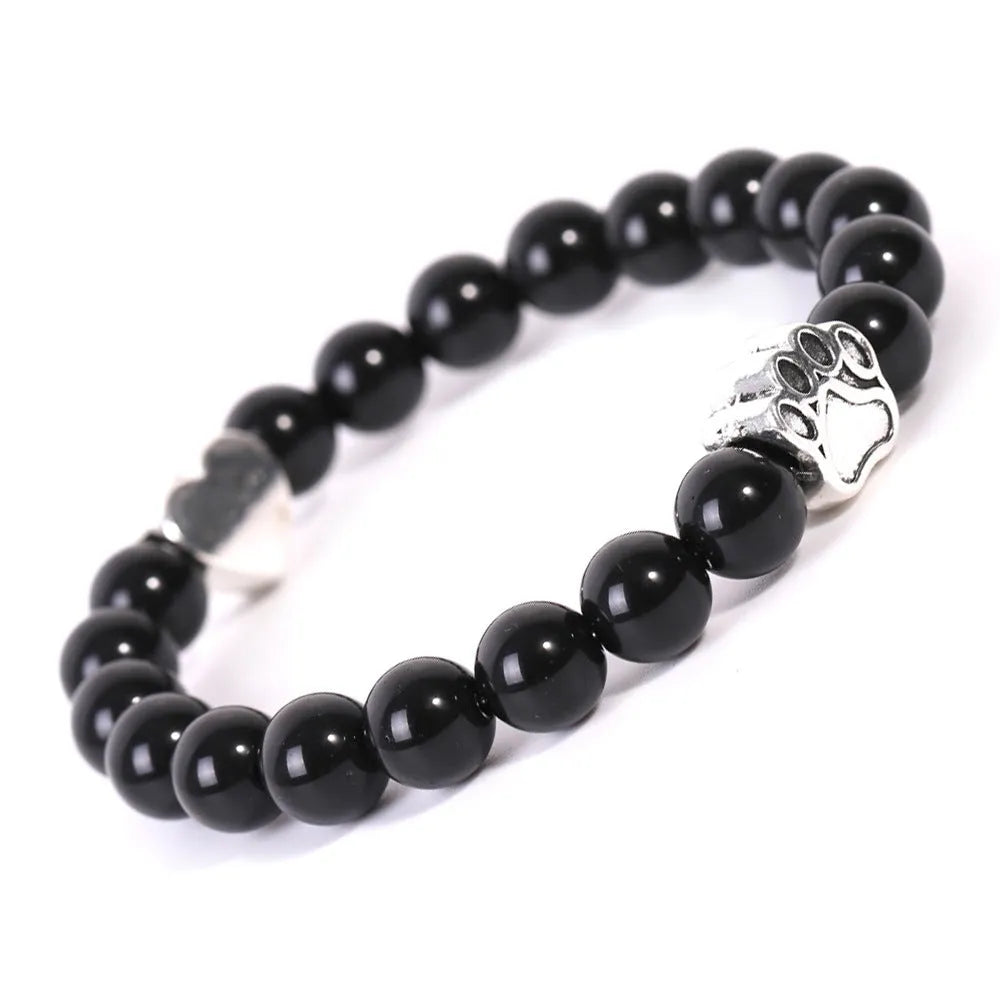 Tigereye stone bracelet with geometric dog's paw charm and heart charm in beaded construction