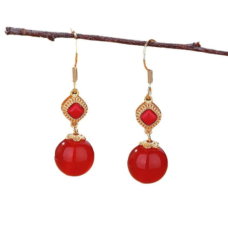 Southern red agate round beads and S925 silver inlaid jasper copper alloy earrings, geometric shape, simple style