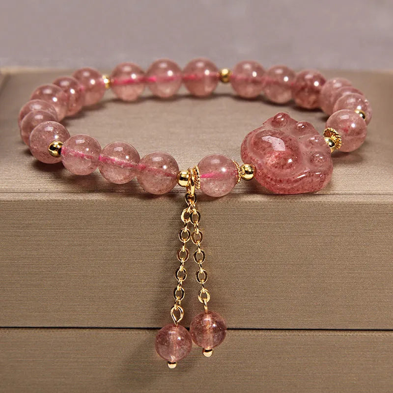 Multi-layer natural pearl and strawberry quartz crystal bracelet with jinsi jade gourd pendant for women