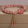 Multi-layer natural pearl and strawberry quartz crystal bracelet with jinsi jade gourd pendant for women