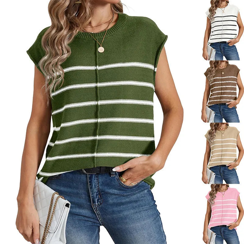 Women's striped sleeveless pullover vest top in apricot colour on a hanger