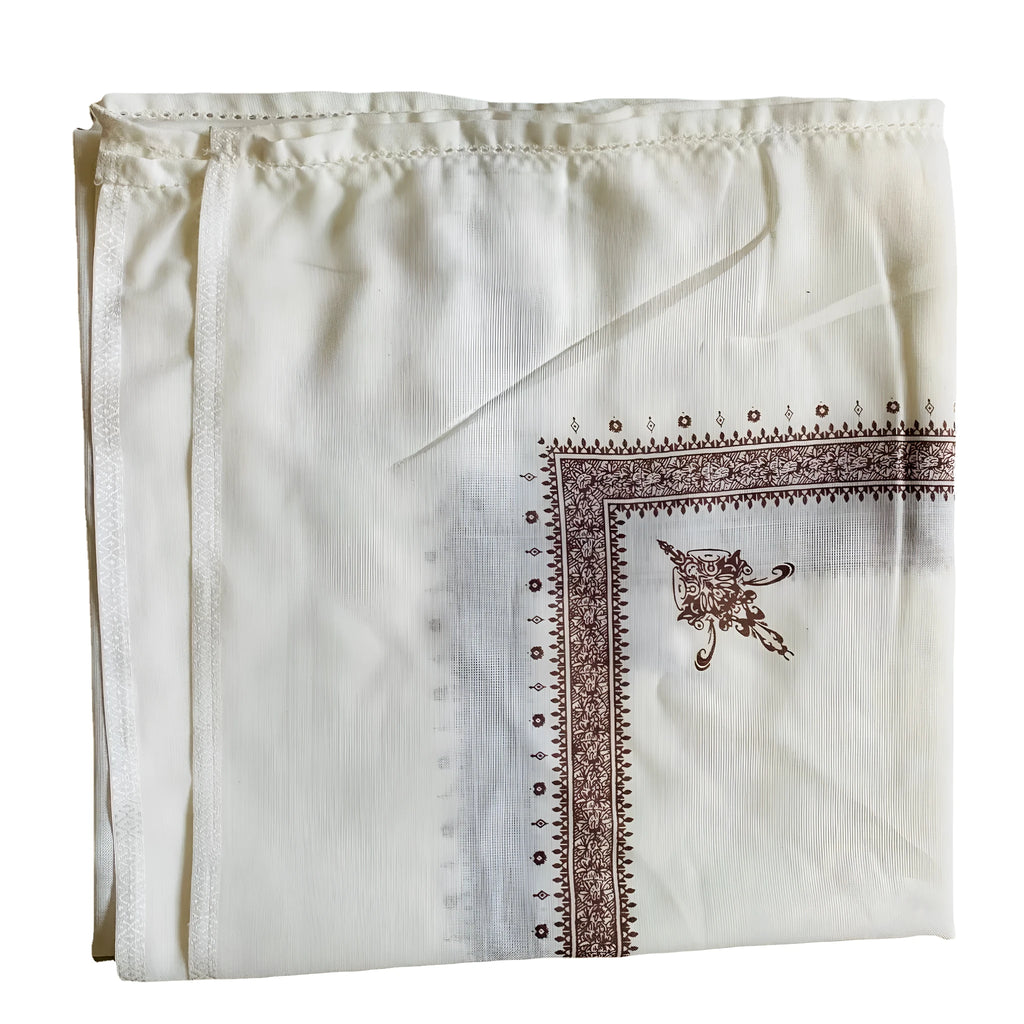 Printed square scarf in brown, 138x138cm polyester unisex scarf laid flat showing square shape and colour.