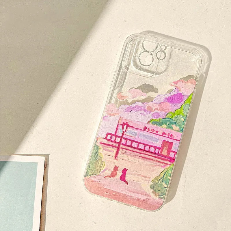 Soft silicone iPhone case showing colourful cartoon illustration of two cats on the back