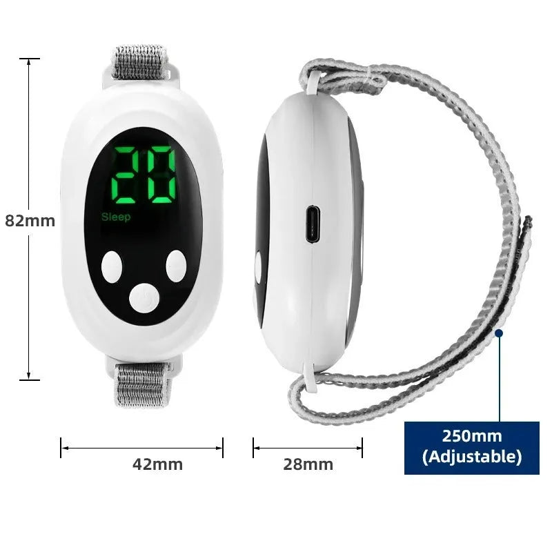 White sleep bracelet insomnia aid device with handheld remote control and USB charging cable